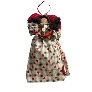 Handmade Primitive Angel Doll‎ Ornament Plaid Heart Dress Rustic Folk Art 8"
